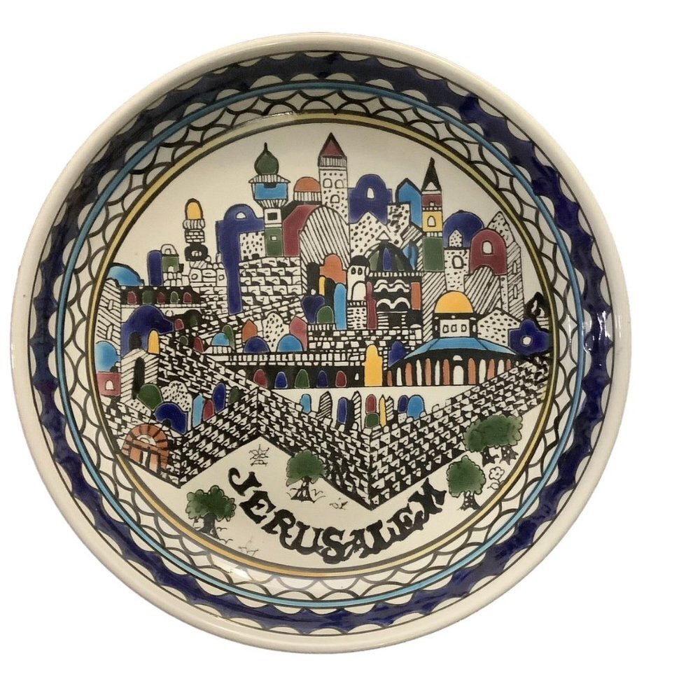 Vtg‎ Rosen Jerusalem Ceramic Painted Decorative Salad Bowl 11” Cityscape Israel